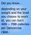 Did you know… depending on your weight and the level you choose to work at, you can burn 400 – 700 calories per Dancercise class.